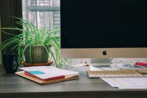 A desktop computer sits on a desk, turned off. There's a lovely plant on the desk as well.